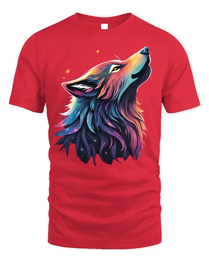 Cosmic Wolf T-Shirt Galaxy Animal Art Graphic Tee - red t-shirt on white background