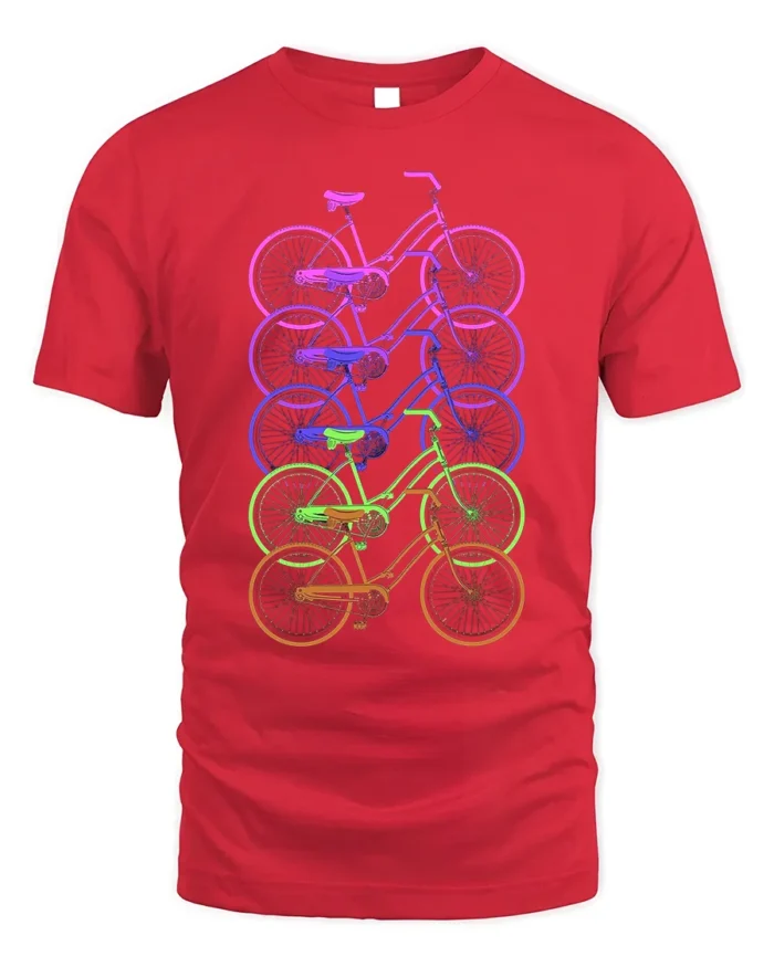 Retro Rainbow Bicycle T-Shirt Colorful Cycling Tee - red t-shirt on white background