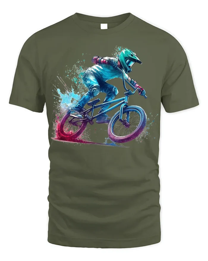 BMX Rider Splash Art Graphic T-Shirt Cool Biker Tee - military green t-shirt on white background
