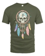 Skull Dreamcatcher T-Shirt Tribal Boho Feather Tee - military green t-shirt on white background