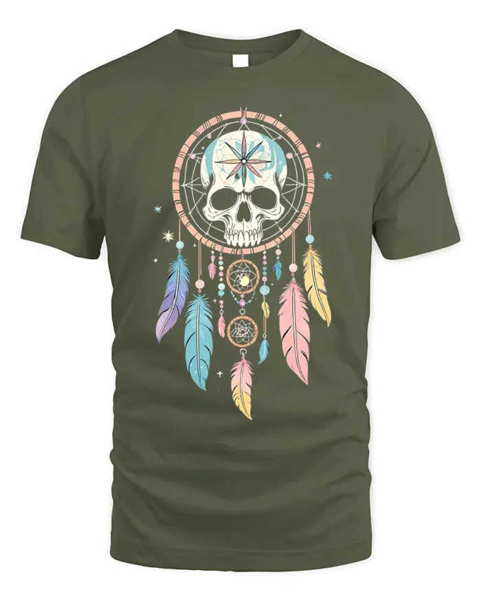 Skull Dreamcatcher T-Shirt Tribal Boho Feather Tee - military green t-shirt on white background