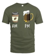 AM PM Coffee Beer T-Shirt Funny Graphic for Adults - military green t-shirt on white background