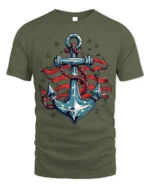 USA Anchor Flag Graphic T-Shirt 4th of July Style - military green t-shirt on white background