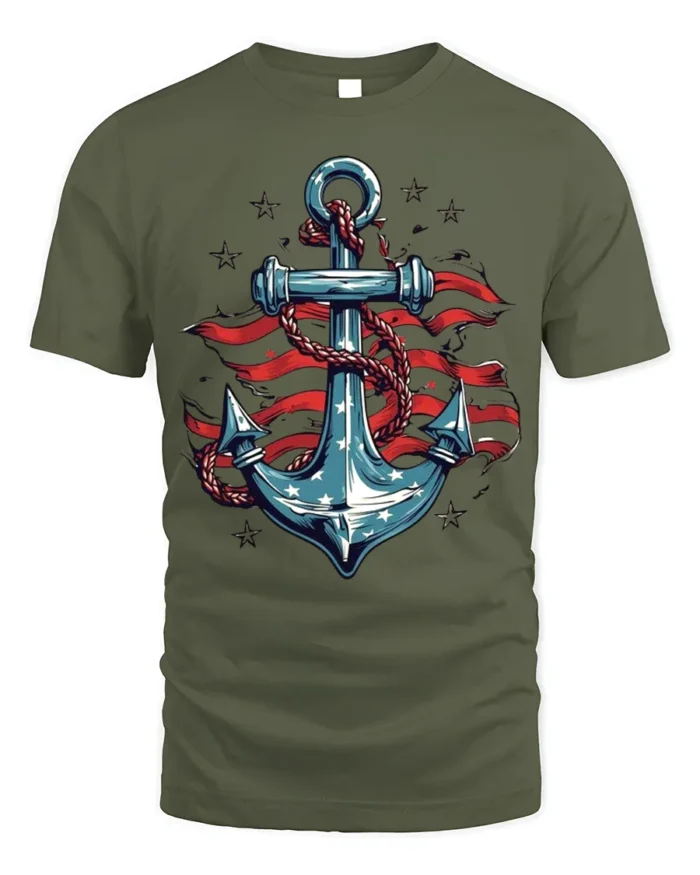 USA Anchor Flag Graphic T-Shirt 4th of July Style - military green t-shirt on white background