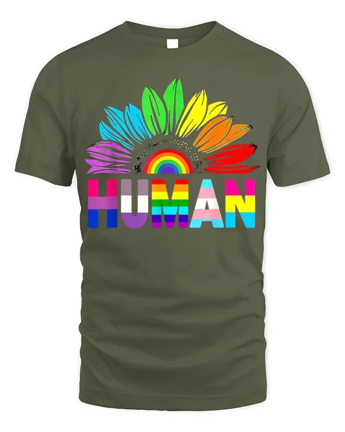 Colorful Human Rights T-Shirt Pride Flower Graphic - military green t-shirt on white background