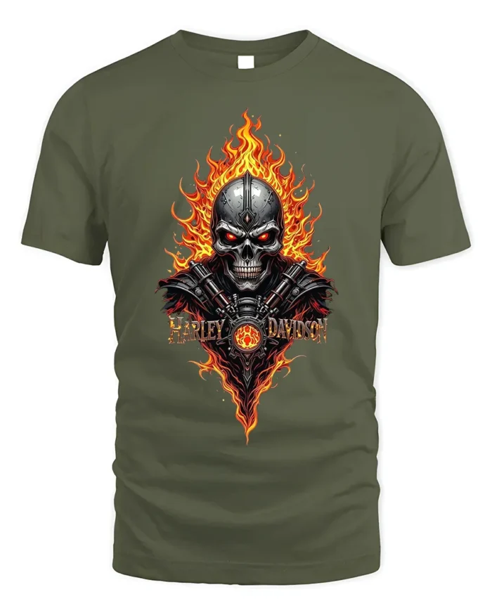Harley Davidson Skull Flames T-Shirt Biker Graphic - military green t-shirt on white background
