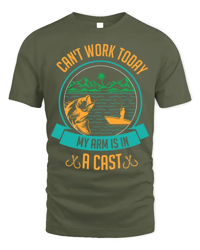 Funny Fishing T-Shirt My Arm Is in a Cast Graphic - military green t-shirt on white background