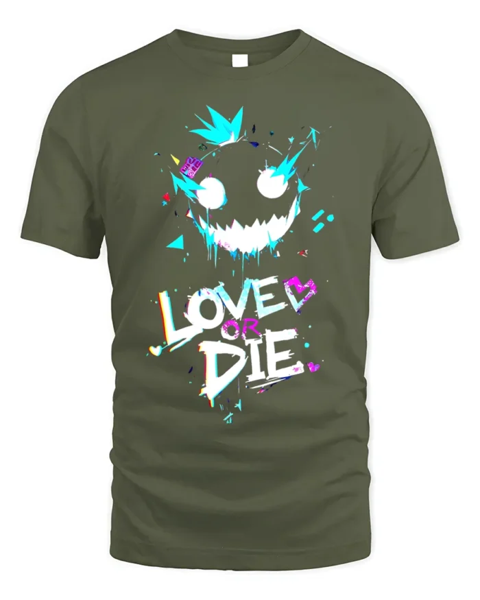 Love or Die Glitch Art T-Shirt Urban Punk Graphic - military green t-shirt on white background