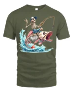 Skeleton Fisherman Monster Fish T-Shirt Funny Graphic - military green t-shirt on white background