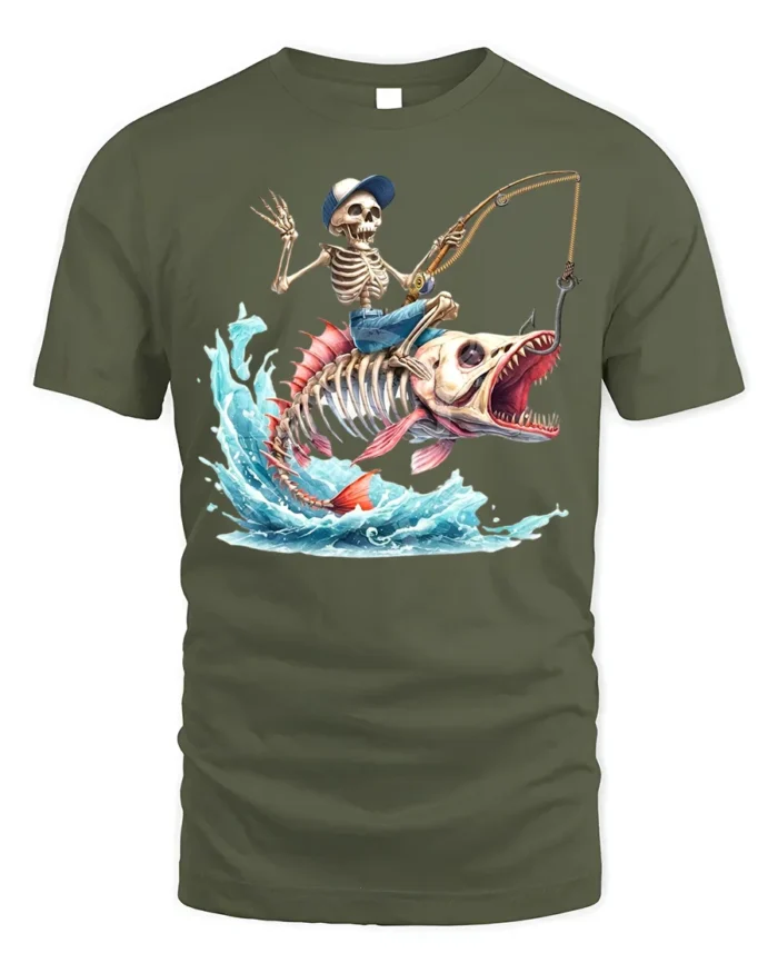 Skeleton Fisherman Monster Fish T-Shirt Funny Graphic - military green t-shirt on white background