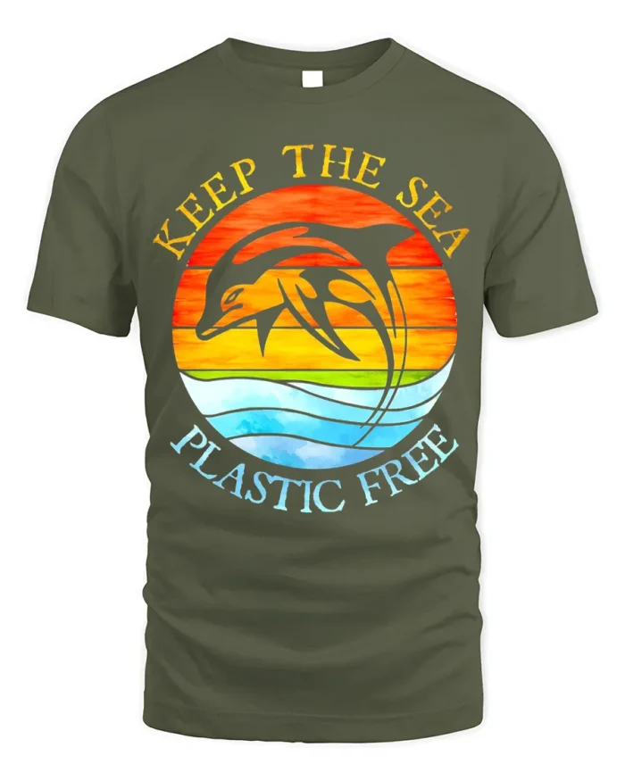 Keep The Sea Plastic Free Dolphin T-Shirt Eco Graphic - military green t-shirt on white background