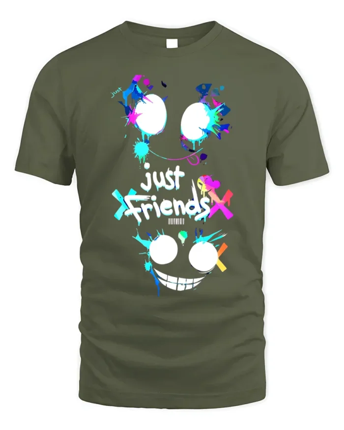 Just Friends Splatter Face T-Shirt Funny Streetwear Tee - military green t-shirt on white background