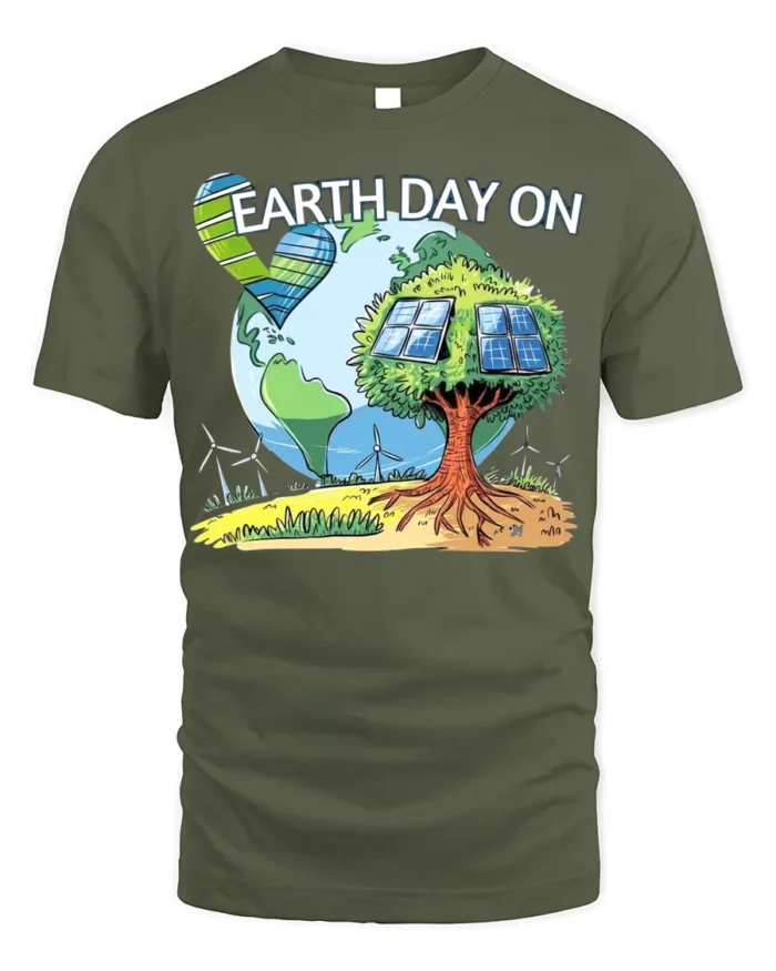 Earth Day On T-Shirt Eco Friendly Solar Tree Graphic - military green t-shirt on white background