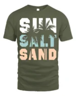 Sun Salt Sand T-Shirt Retro Summer Beach Vibe Tee - military green t-shirt on white background