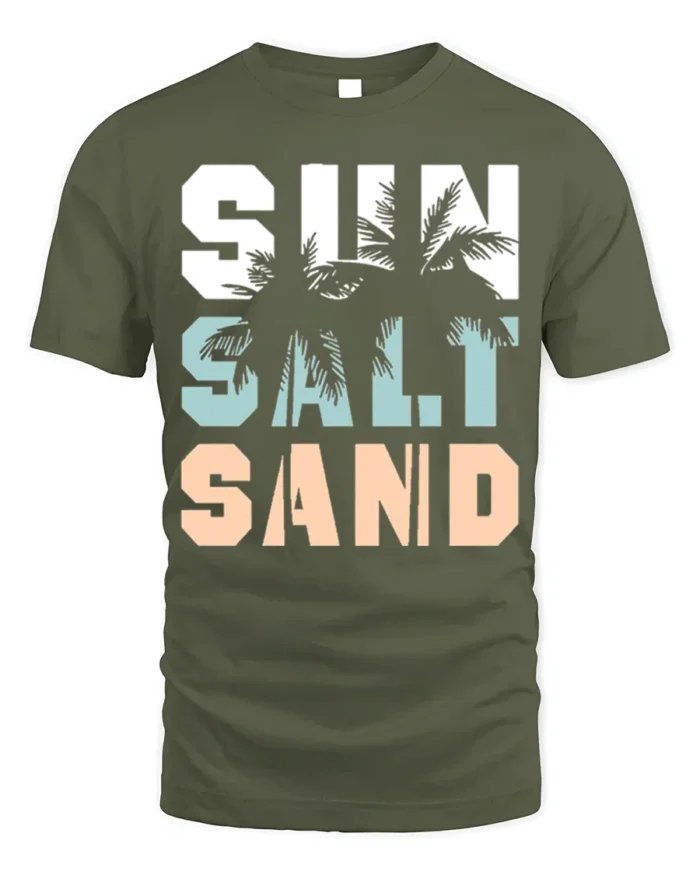 Sun Salt Sand T-Shirt Retro Summer Beach Vibe Tee - military green t-shirt on white background