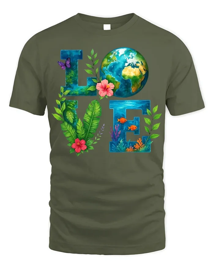 Earth Love T-Shirt Eco Nature Inspired Graphic Tee - military green t-shirt on white background