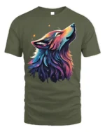 Cosmic Wolf T-Shirt Galaxy Animal Art Graphic Tee - military green t-shirt on white background