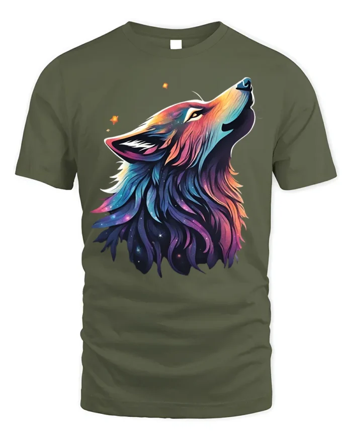 Cosmic Wolf T-Shirt Galaxy Animal Art Graphic Tee - military green t-shirt on white background