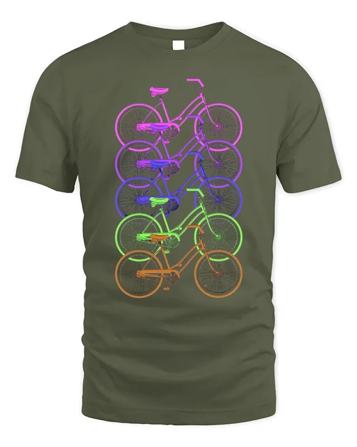 Retro Rainbow Bicycle T-Shirt Colorful Cycling Tee - military green t-shirt on white background