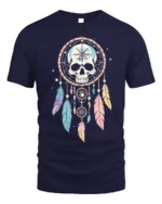 Skull Dreamcatcher T-Shirt Tribal Boho Feather Tee - navy t-shirt on white background