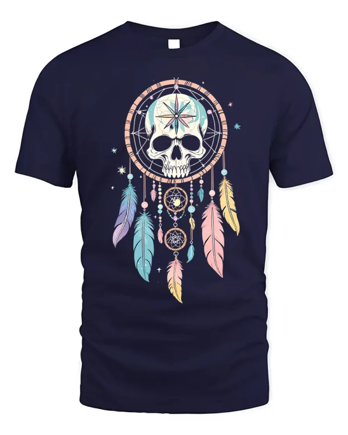 Skull Dreamcatcher T-Shirt Tribal Boho Feather Tee - navy t-shirt on white background