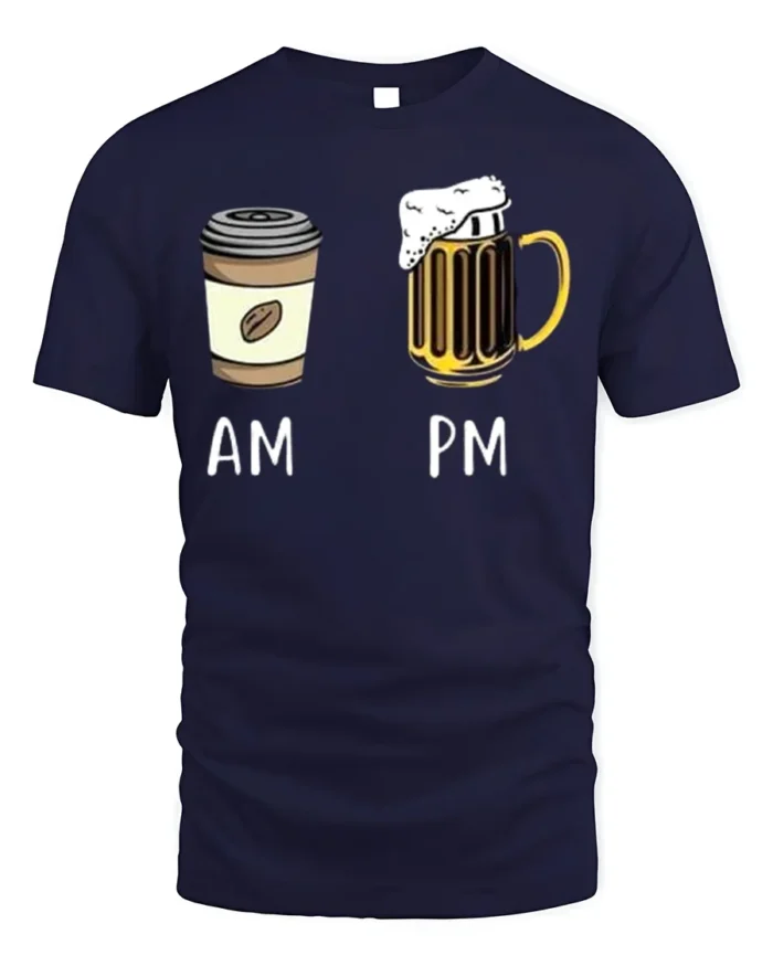 AM PM Coffee Beer T-Shirt Funny Graphic for Adults - navy t-shirt on white background