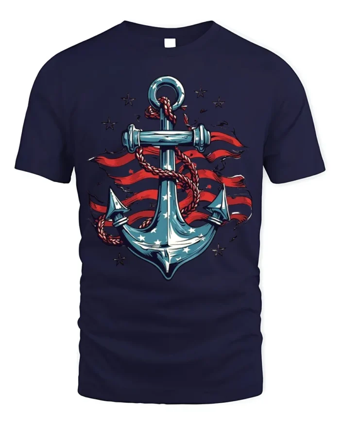 USA Anchor Flag Graphic T-Shirt 4th of July Style - navy t-shirt on white background