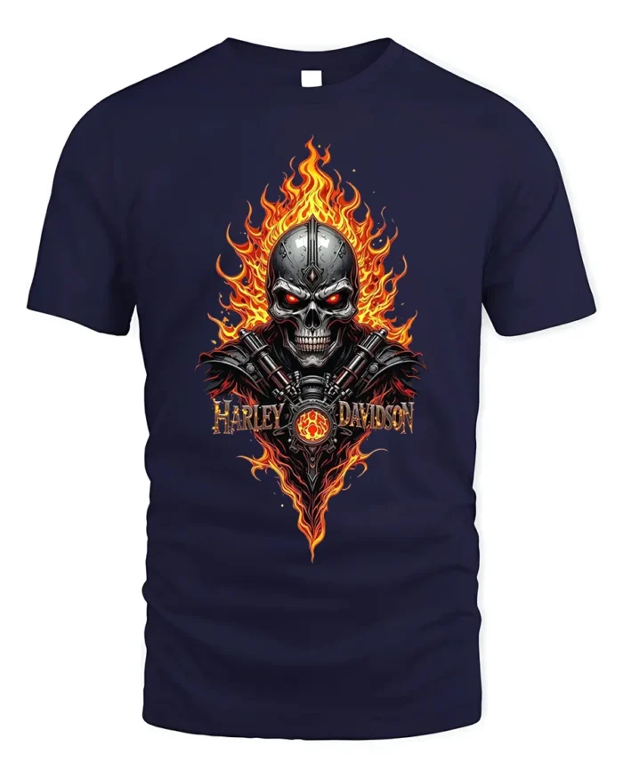 Harley Davidson Skull Flames T-Shirt Biker Graphic - navy t-shirt on white background