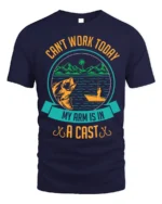 Funny Fishing T-Shirt My Arm Is in a Cast Graphic - navy t-shirt on white background