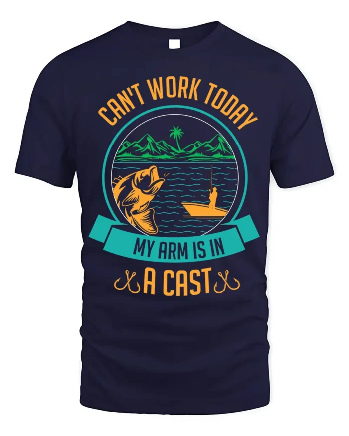 Funny Fishing T-Shirt My Arm Is in a Cast Graphic - navy t-shirt on white background