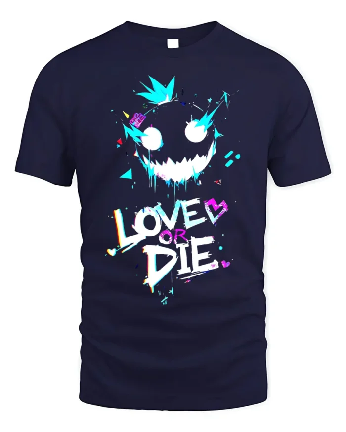 Love or Die Glitch Art T-Shirt Urban Punk Graphic - navy t-shirt on white background