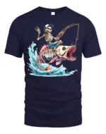 Skeleton Fisherman Monster Fish T-Shirt Funny Graphic - navy t-shirt on white background