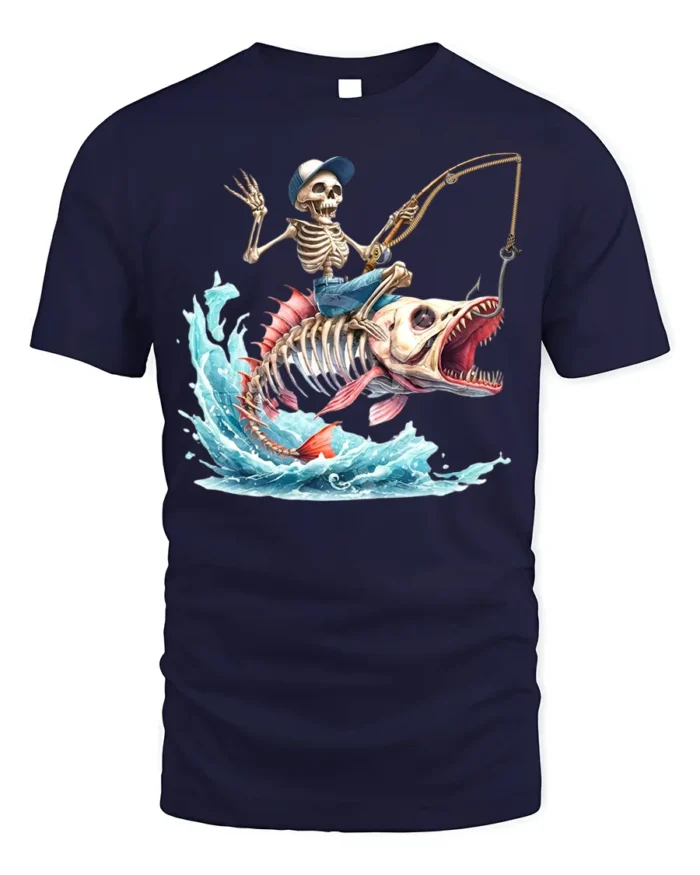 Skeleton Fisherman Monster Fish T-Shirt Funny Graphic - navy t-shirt on white background