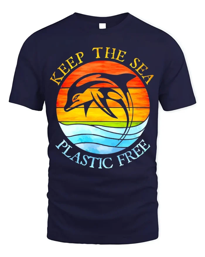 Keep The Sea Plastic Free Dolphin T-Shirt Eco Graphic - navy t-shirt on white background