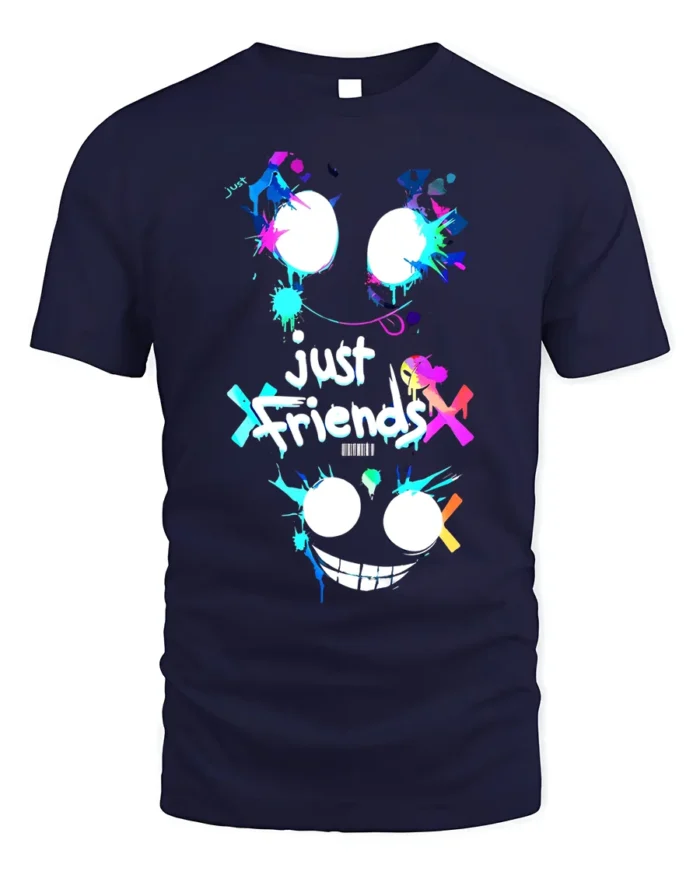 Just Friends Splatter Face T-Shirt Funny Streetwear Tee - navy t-shirt on white background