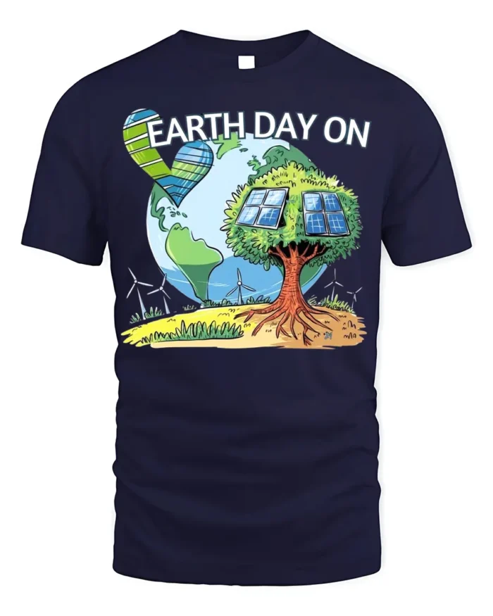 Earth Day On T-Shirt Eco Friendly Solar Tree Graphic - navy t-shirt on white background