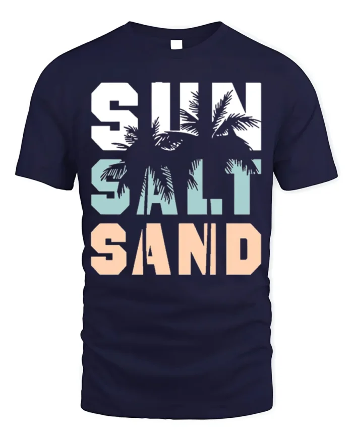 Sun Salt Sand T-Shirt Retro Summer Beach Vibe Tee - navy t-shirt on white background