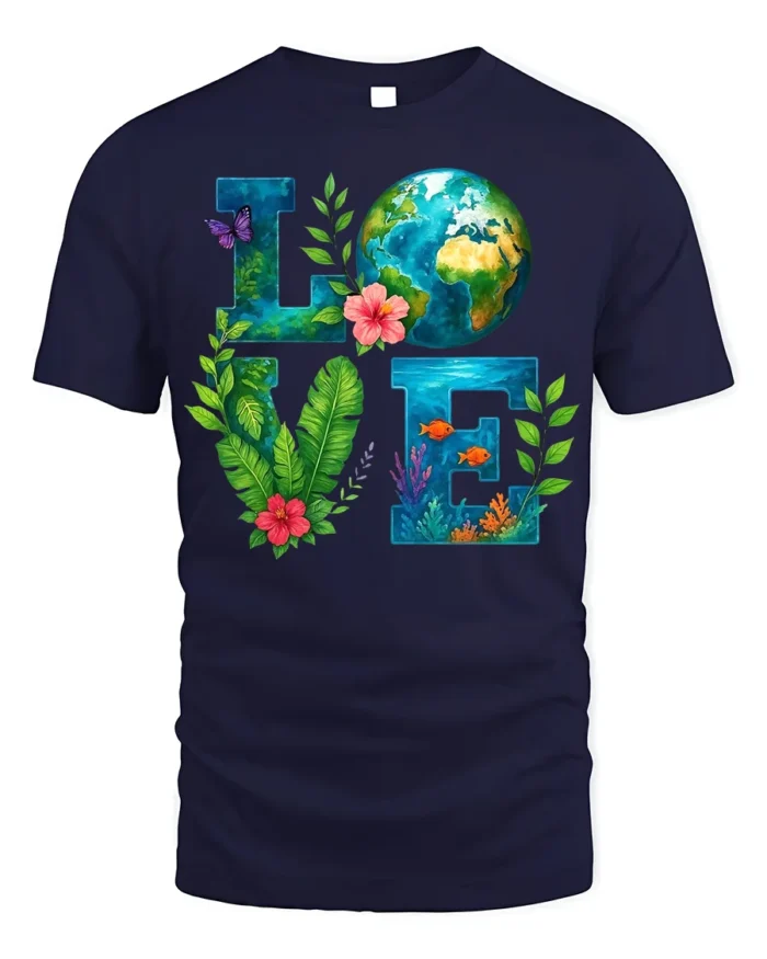 Earth Love T-Shirt Eco Nature Inspired Graphic Tee - navy t-shirt on white background