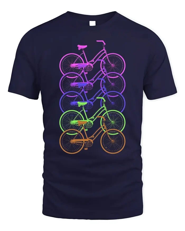 Retro Rainbow Bicycle T-Shirt Colorful Cycling Tee - navy t-shirt on white background