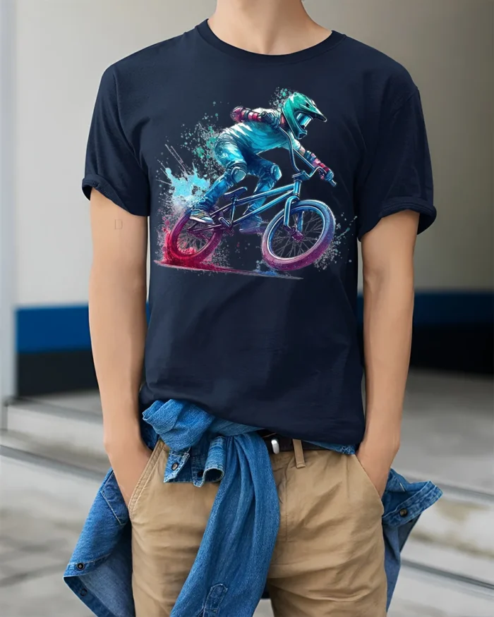 BMX Rider Splash Art Graphic T-Shirt Cool Biker Tee - model wearing navy shirt, hands in pockets