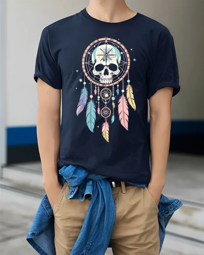 Skull Dreamcatcher T-Shirt Tribal Boho Feather Tee - model wearing navy shirt, hands in pockets