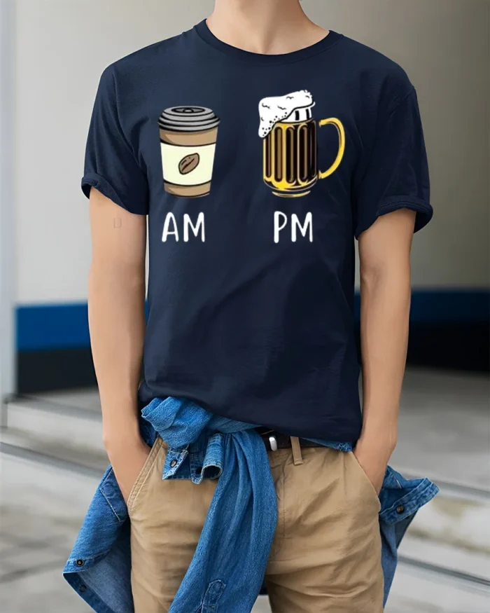 AM PM Coffee Beer T-Shirt Funny Graphic for Adults - model wearing navy shirt, hands in pockets