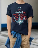 USA Anchor Flag Graphic T-Shirt 4th of July Style - model wearing navy shirt, hands in pockets