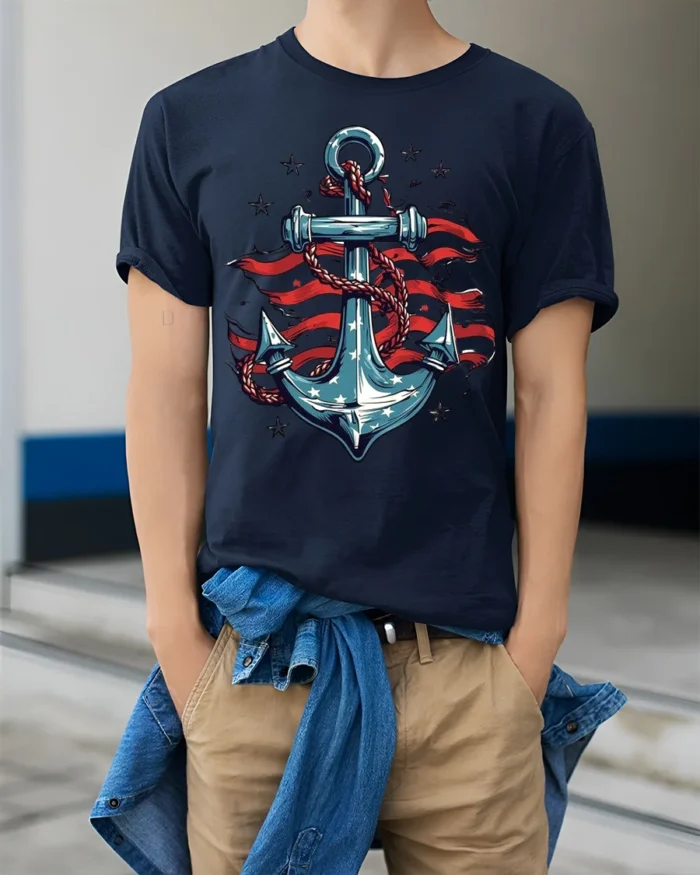 USA Anchor Flag Graphic T-Shirt 4th of July Style - model wearing navy shirt, hands in pockets