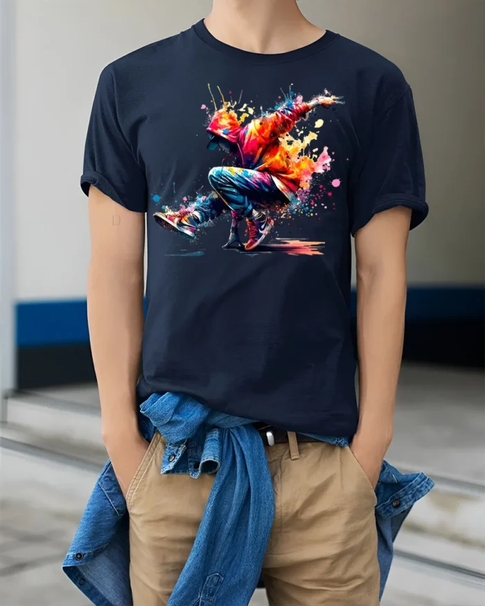 Colorful Breakdancer T-Shirt HipHop Urban Streetwear - model wearing navy shirt, hands in pockets