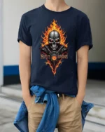 Harley Davidson Skull Flames T-Shirt Biker Graphic - model wearing navy shirt, hands in pockets