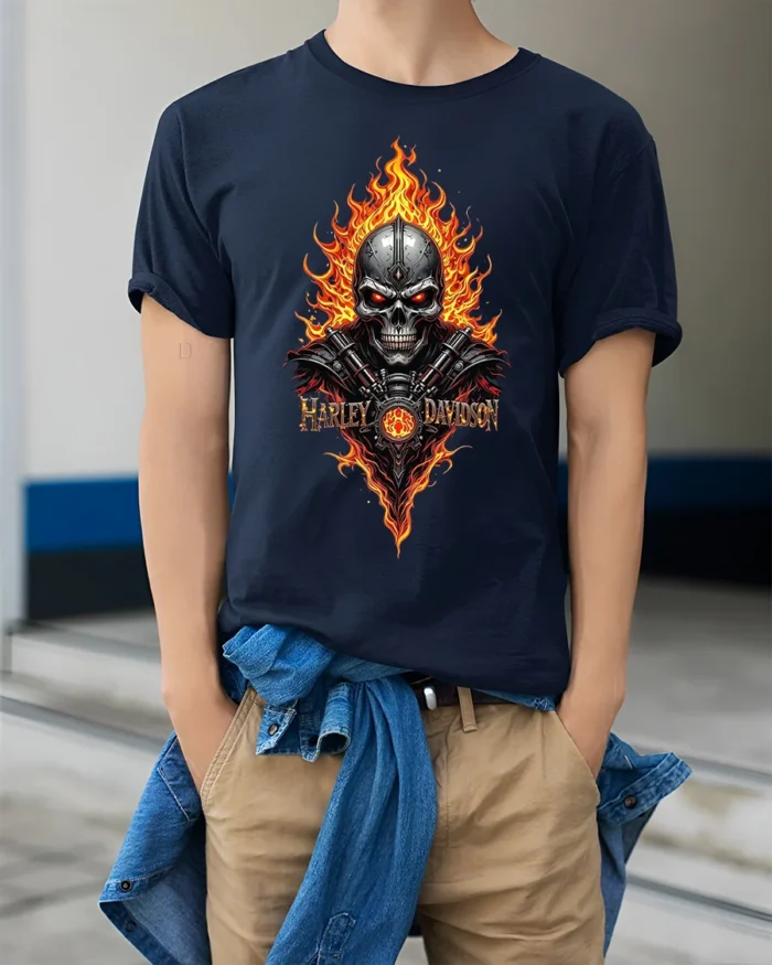 Harley Davidson Skull Flames T-Shirt Biker Graphic - model wearing navy shirt, hands in pockets