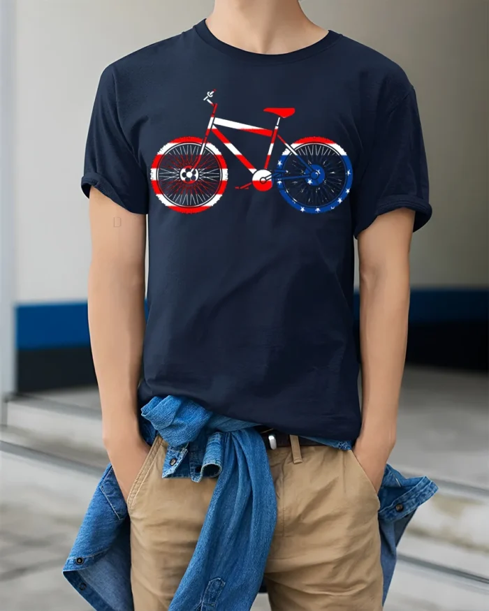 American Flag Bike T-Shirt 4th of July Biker Tee - model wearing navy shirt, hands in pockets