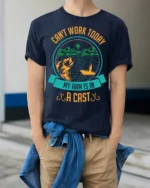 Funny Fishing T-Shirt My Arm Is in a Cast Graphic - model wearing navy shirt, hands in pockets