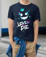 Love or Die Glitch Art T-Shirt Urban Punk Graphic - model wearing navy shirt, hands in pockets
